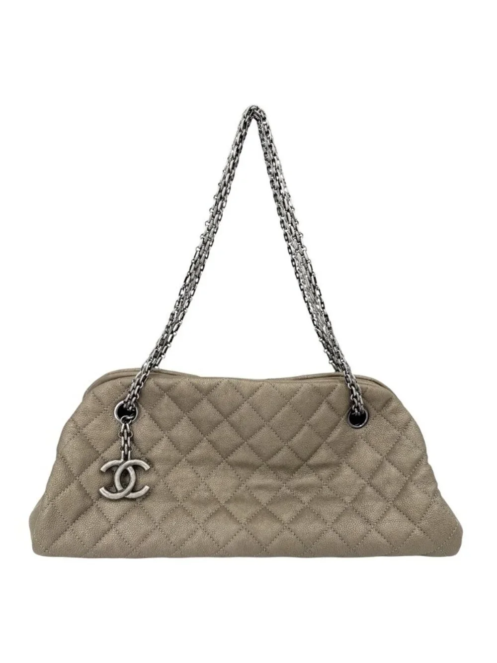 Chanel Quilted Mademoiselle Bowling Bag Metallic Leather Brown Silver
